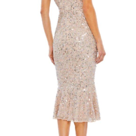 MAC DUGGAL 10801 SEQUINED V-NECK FLUTTER SLEEVE NUDE/SILVER MIDI TRUMPET DRESS 6 - Picture 6 of 6